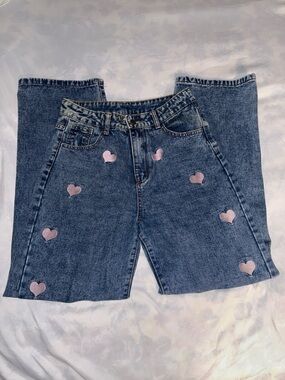 SHEIN Blue Straight Leg Jeans with Pink Heart Patches